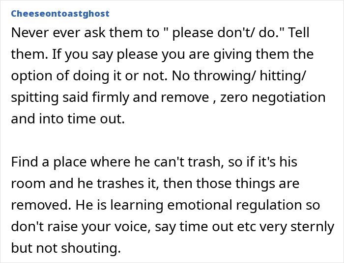 Alt text: Advice on managing kids’ behavior with firm rules against spitting and emotional regulation techniques for parents