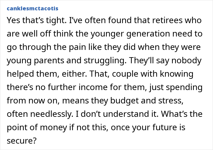 Text post discussing retirees combining birthday and Christmas gifts, with a mom feeling scammed by grandparents' budgeting choices. Text post discussing retirees combining birthday and Christmas gifts, with a mom feeling scammed by grandparents' budgeting choices.