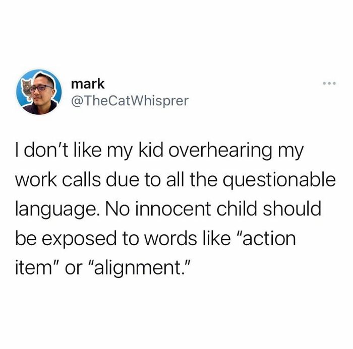 Parent sharing a relatable tweet about parenting and marriage humor, highlighting awkward work call moments with kids.