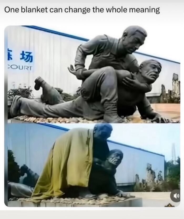 Statue scene humor with one blanket changing the meaning, featured in randomly funny memes that make life lighter.