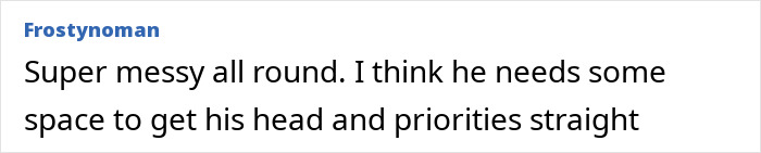 Comment text about feeling uneasy regarding sleeping arrangements when hosting a newly single friend in a messy setting.