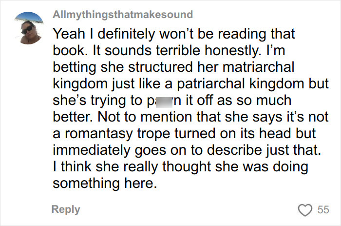 Comment criticizing an author’s view on romantasy books and their portrayal of gender dynamics.