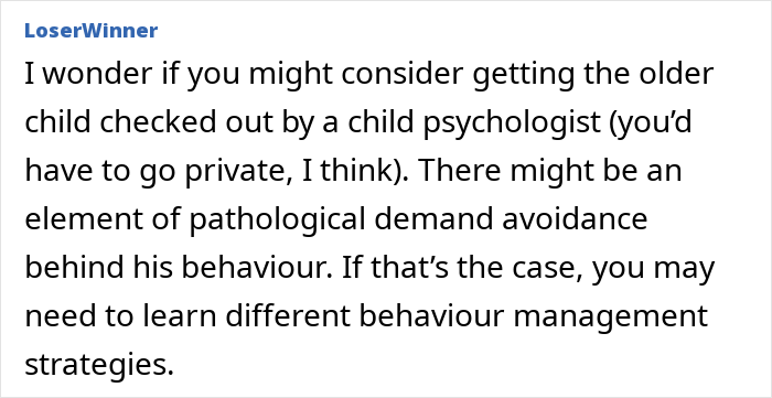 Alt text: A forum comment suggesting a child psychologist for behavior management and addressing pathological demand avoidance.