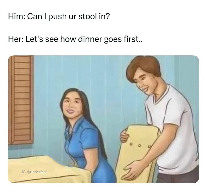 Funny meme showing a man offering to push a stool while a woman jokes about dinner, highlighting random funny memes.