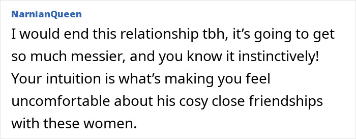 Screenshot of a comment discussing a girlfriend feeling uneasy about boyfriend’s plans to host a newly single friend.