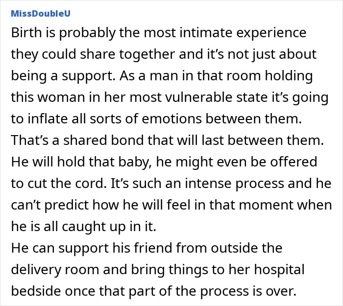 Woman feels hurt as partner’s first birth support experience takes place without her presence.