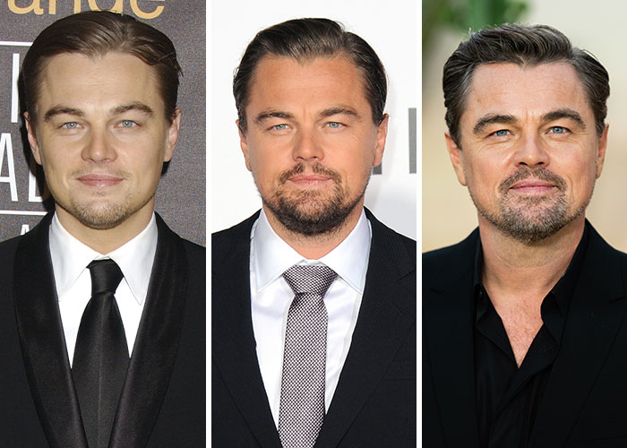 Leonardo DiCaprio before and after shots showing dramatic changes in appearance from 2005, 2015, and 2025.