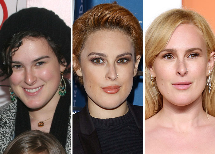 Side-by-side images showing dramatic celebrity transformations from 2005, 2015, and 2025 in before and after shots