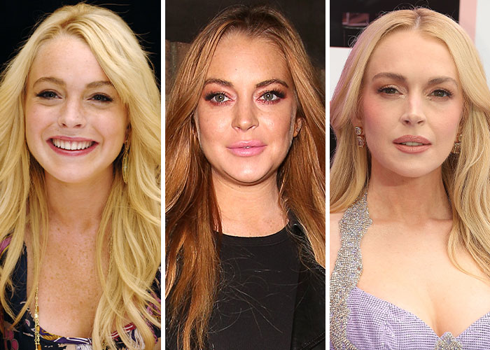 Actress Lindsay Lohan showing dramatic changes in celebrity before and after shots from 2005, 2015, and 2025.