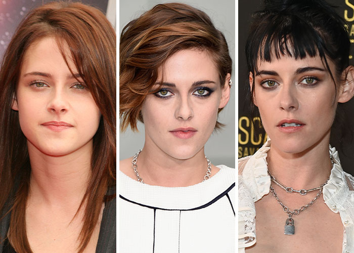 Actress Kristen Stewart in dramatic before and after celebrity transformation shots from 2005, 2015, and 2025.