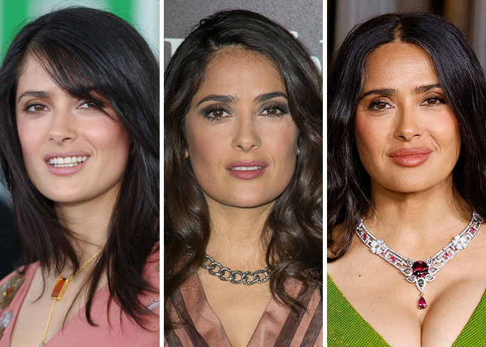 Actress Salma Hayek in before and after shots from 2005, 2015, and 2025 showing dramatic celebrity changes.
