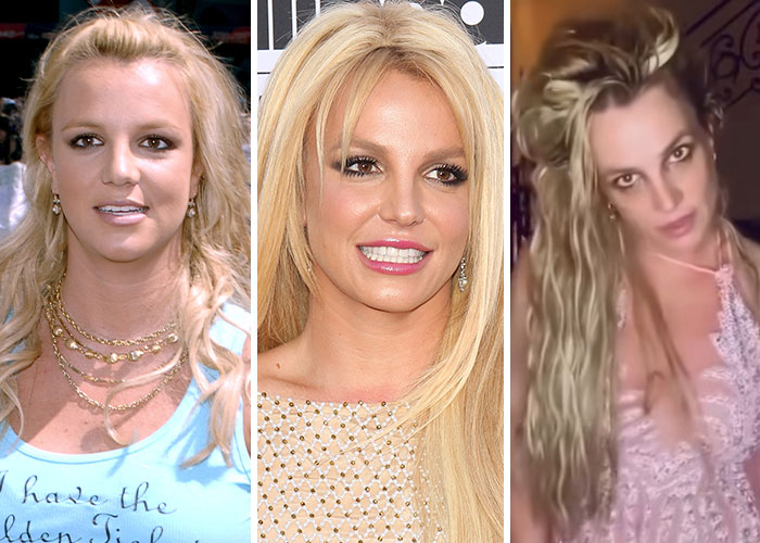 Britney Spears before and after photos showing dramatic celebrity changes over 2005, 2015, and 2025 years.