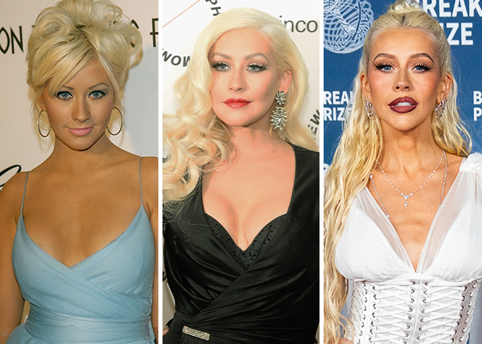 Before and after shots of a female celebrity showing dramatic changes in appearance from 2005, 2015, and 2025.
