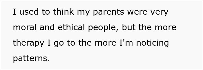 Text on white background discussing noticing behavioral patterns after therapy, relating to entitled parents and autistic brother.