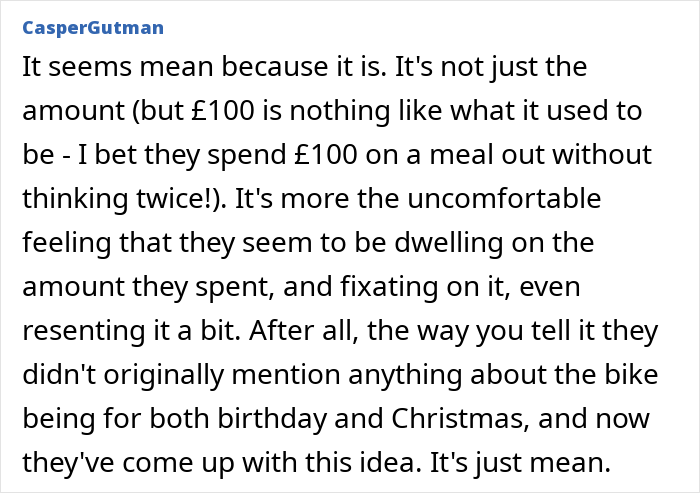 Comment discussing grandparents combining birthday and Christmas gifts, with the mom feeling scammed over the amount spent. Comment discussing grandparents combining birthday and Christmas gifts, with the mom feeling scammed over the amount spent.