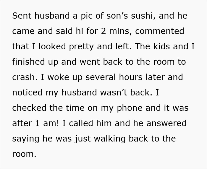 Text about man prioritizing work, pretending no family, wife aware and wanting to stay despite his behavior.