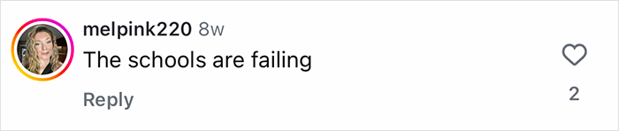 Screenshot of a social media comment saying "The schools are failing" relating to Gen-Z workers relying on mom at work.