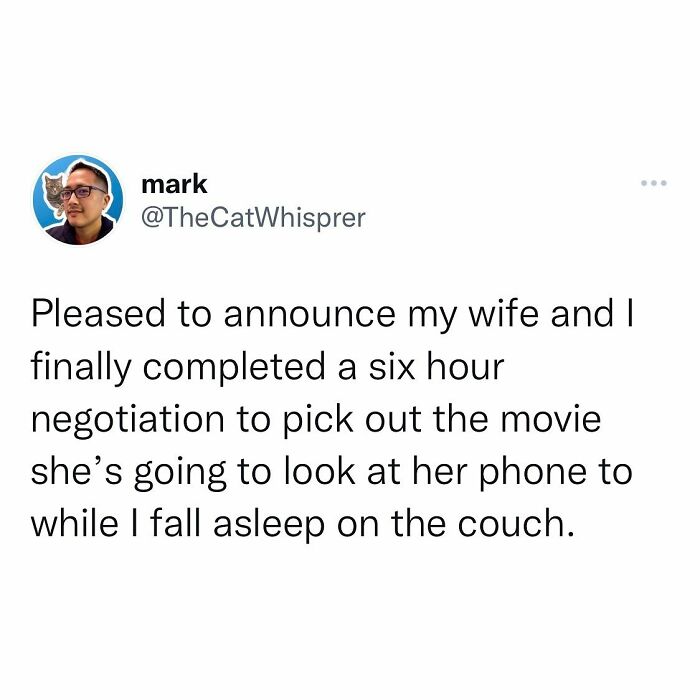 Tweet about relatable parenting and marriage struggles humorously highlighting negotiation over movie choices and multitasking.