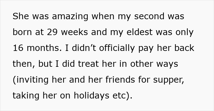 Text excerpt showing a personal story about support during pregnancy and family help with nieces and financial exchanges.