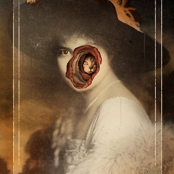 Surreal intricate collage of a vintage portrait with a torn face revealing a cat inside, blending art and mystery.