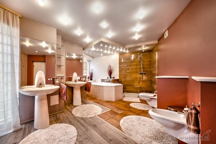 Modern bathroom interior with dual sinks, bathtub, and shower in wild real estate listings meant to help sell properties