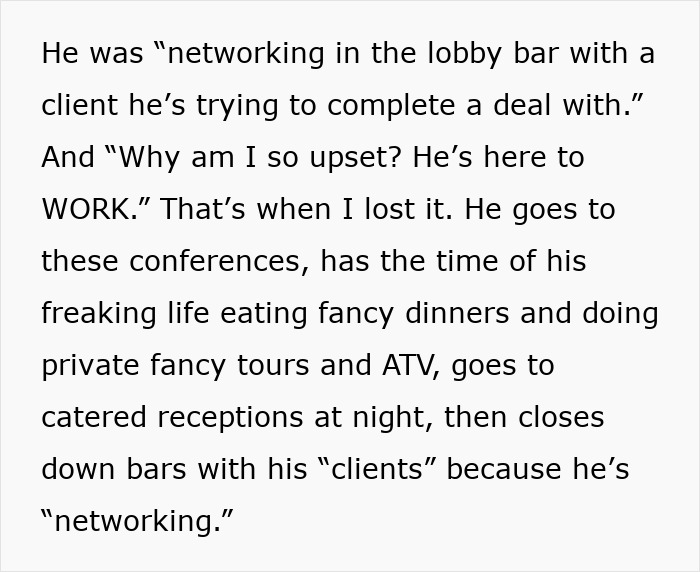 Text describing a man prioritizing work heavily, pretending not to have family while his wife knows and wants to stay.