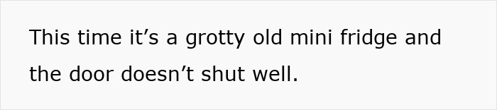 Text on white background describing a broken mini fridge with a faulty door linked to gifting broken stuff as a green practice. Text on white background describing a broken mini fridge with a faulty door linked to gifting broken stuff as a green practice.