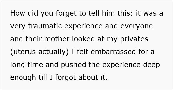 Text excerpt about a woman sharing her traumatic hysterectomy experience that her childfree fiancé did not know.