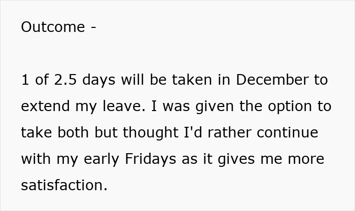 Text excerpt about an employee discussing time off and a manager reacting, highlighting manager lets employee take time off. Text excerpt about an employee discussing time off and a manager reacting, highlighting manager lets employee take time off.
