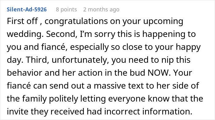 Comment discussing bride shocked after MIL sends secret wedding invites to protect family image and advice on handling it. Comment discussing bride shocked after MIL sends secret wedding invites to protect family image and advice on handling it.