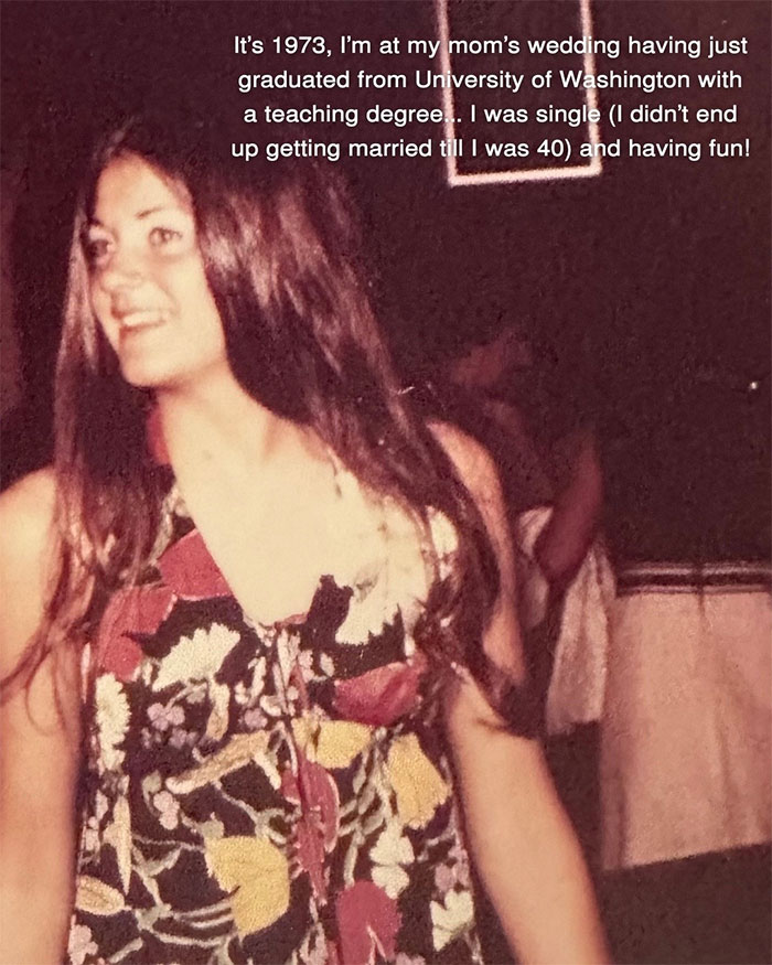 Young woman at a 1973 wedding smiling and looking away, part of aging progress shared after facelift at 70 years old. Young woman at a 1973 wedding smiling and looking away, part of aging progress shared after facelift at 70 years old.