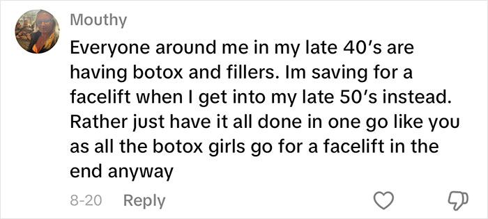 Woman sharing her aging progress and appearance after getting a facelift at 70 years old in a candid social media comment. Woman sharing her aging progress and appearance after getting a facelift at 70 years old in a candid social media comment.