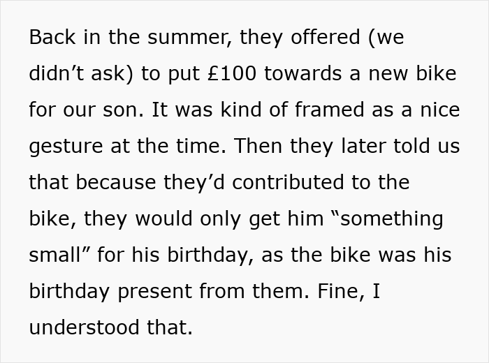 Text excerpt explaining grandparents combining birthday and Christmas gift contributions, leaving mom feeling scammed. Text excerpt explaining grandparents combining birthday and Christmas gift contributions, leaving mom feeling scammed.