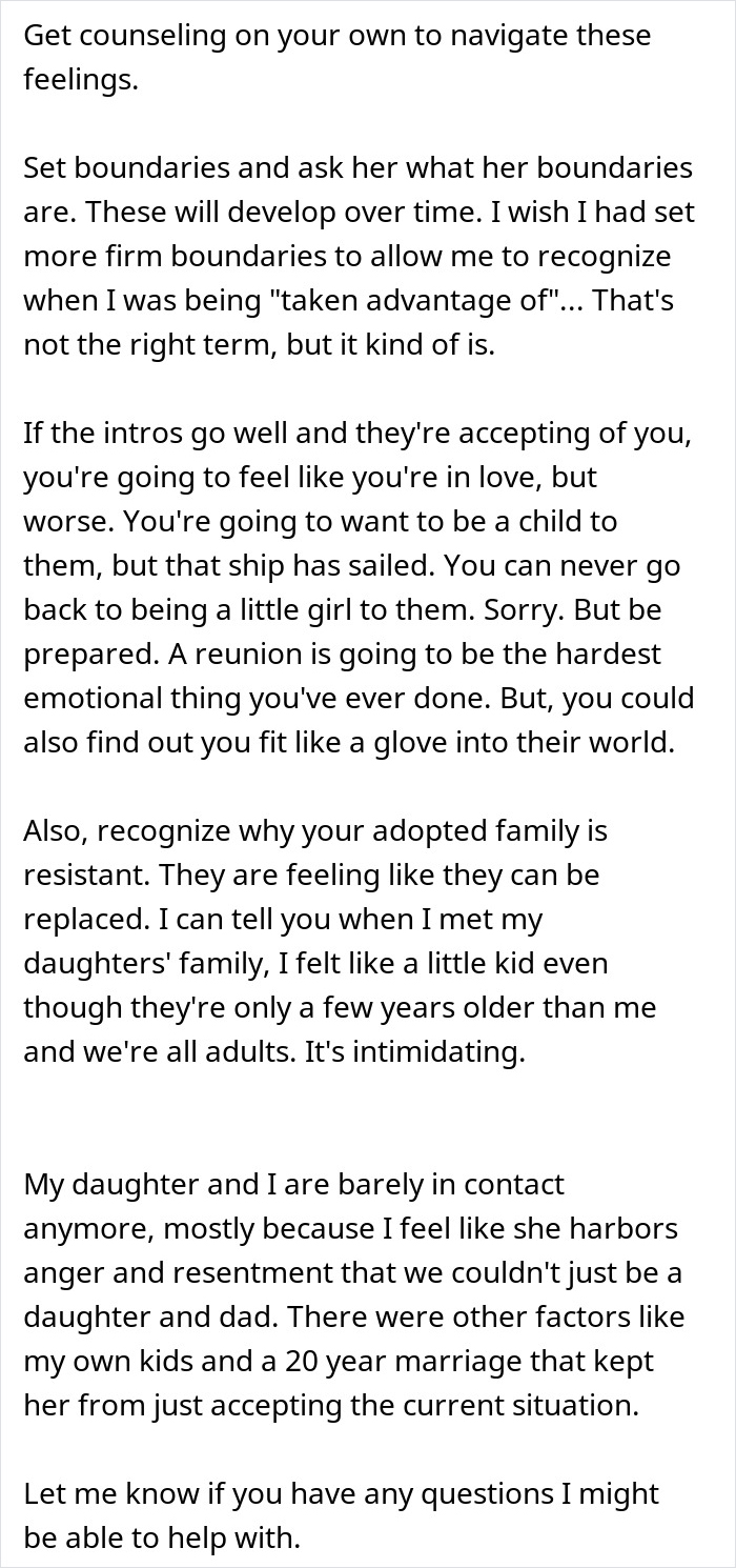 Text excerpt about navigating feelings and setting boundaries in reunions with biological and adoptive families after adoption. Text excerpt about navigating feelings and setting boundaries in reunions with biological and adoptive families after adoption.