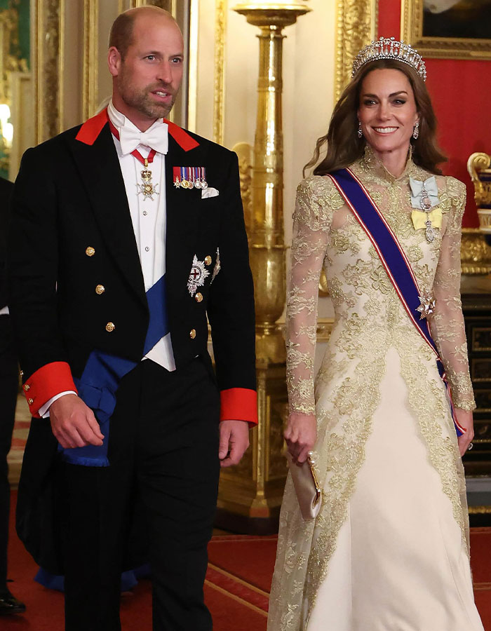 Prince William and Kate Middleton dressed formally at a royal event, highlighting the female touch influence on Andrew’s title removal.