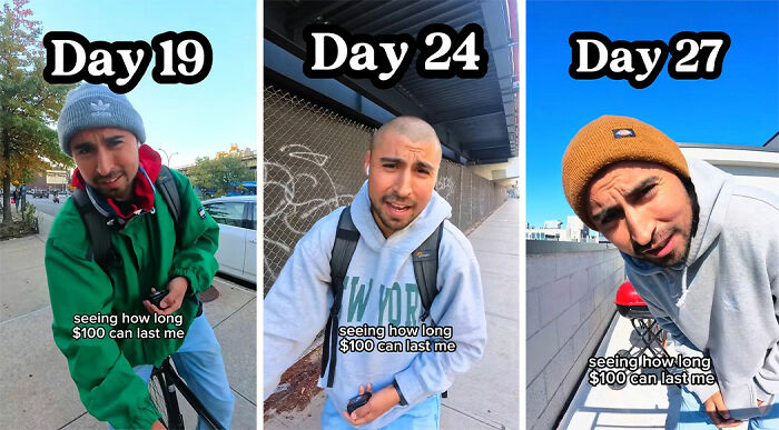 Comedian documenting survival journey in NYC on $100, shown on days 19, 24, and 27 with changing expressions. Comedian documenting survival journey in NYC on $100, shown on days 19, 24, and 27 with changing expressions.