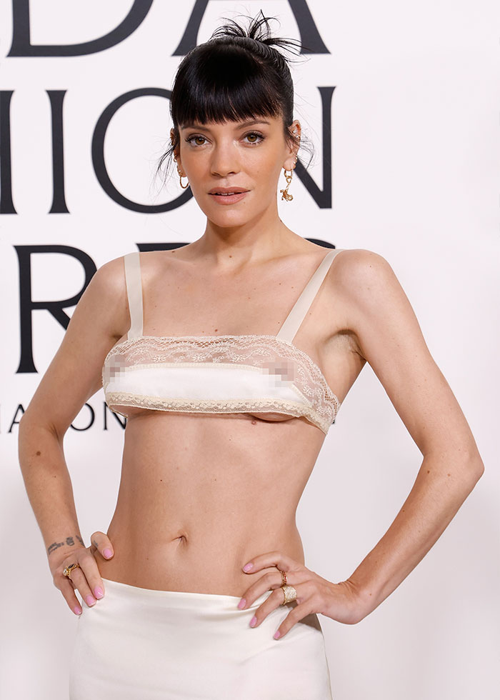 Lily Allen at CFDA event wearing a bold fashion look sparking online debate amid drama with David Harbour and Millie Bobby Brown.