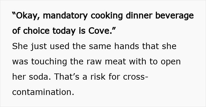 Text excerpt about mandatory cooking dinner beverage choice risking cross-contamination in wild American food creations. Text excerpt about mandatory cooking dinner beverage choice risking cross-contamination in wild American food creations.