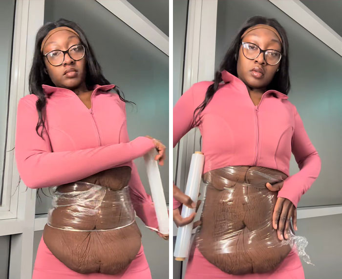 Woman demonstrating a trick to hide loose skin on her belly after massive weight loss using plastic wrap. Woman demonstrating a trick to hide loose skin on her belly after massive weight loss using plastic wrap.