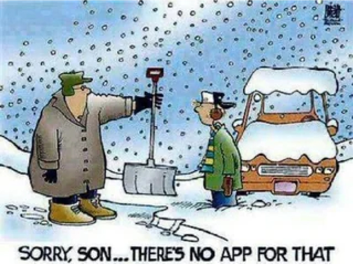 Cartoon showing a father with a snow shovel telling his son there’s no app for snow removal, Gen X Gen Z Gen Alpha concept. Cartoon showing a father with a snow shovel telling his son there’s no app for snow removal, Gen X Gen Z Gen Alpha concept.