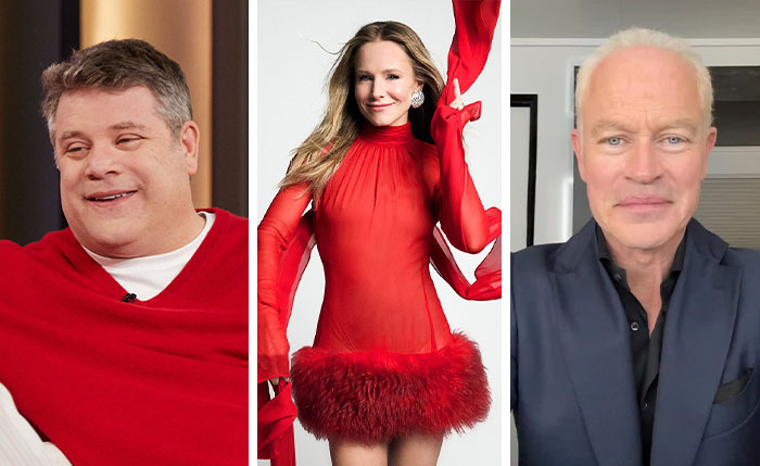 Kristen Bell in a red dress with fur trim, sparking outrage after joining Fox Faith Project, shown with two men in separate frames.