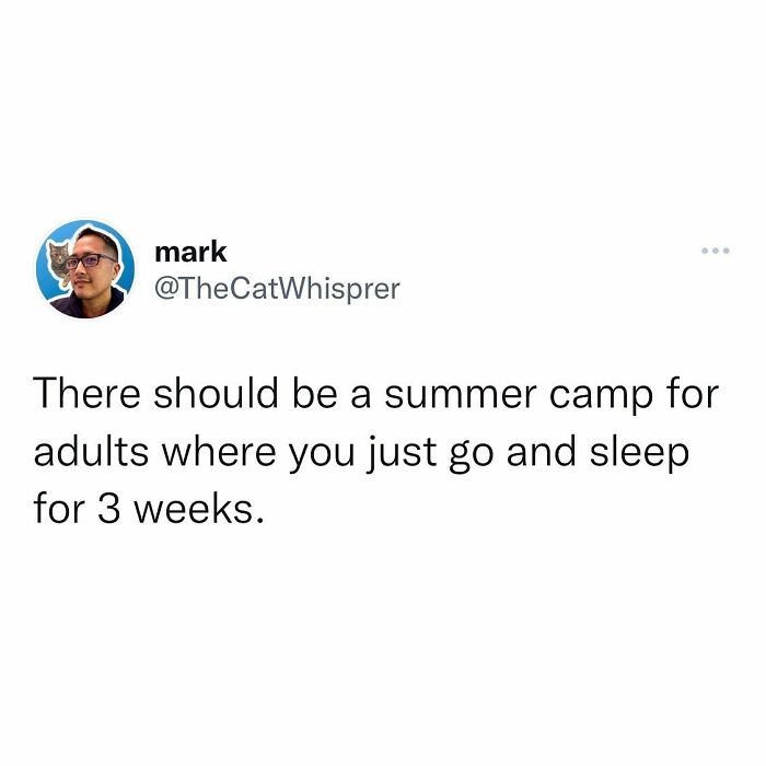 Tweet about adults needing a summer camp to sleep for three weeks, highlighting relatable parenting and marriage humor.