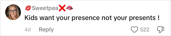 Screenshot of a social media comment saying kids want presence not presents, related to consumerism backlash.