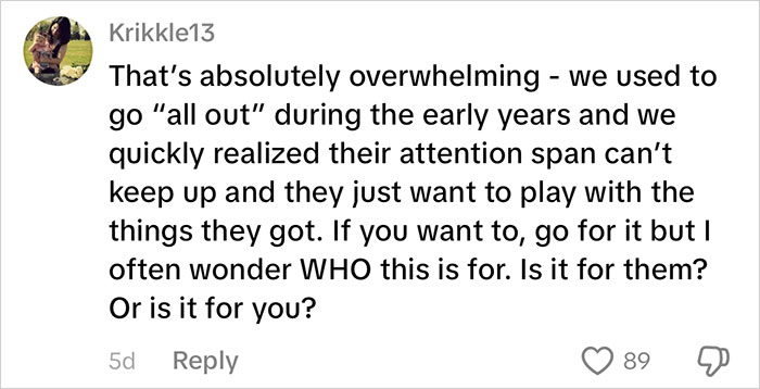 Comment discussing overwhelming amount of gifts for kids and questioning the impact of consumerism on children’s attention span.