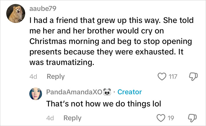 Comment discussing the overwhelming amount of gifts kids receive, highlighting consumerism backlash and parenting views.