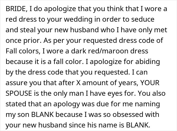 Text of a letter addressing a bride about wearing a dark red dress to a wedding, related to bride mad cousin dress wedding conflict.