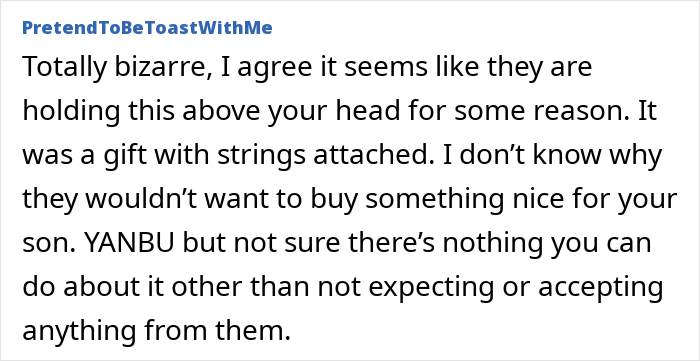Comment discussing grandparents combining birthday and Christmas gift, leaving the mom feeling scammed and disappointed. Comment discussing grandparents combining birthday and Christmas gift, leaving the mom feeling scammed and disappointed.