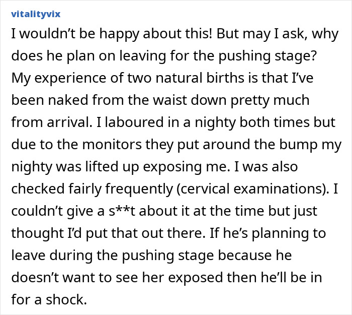 Comment expressing concern about partner’s absence during first birth support experience and exposure during labor.