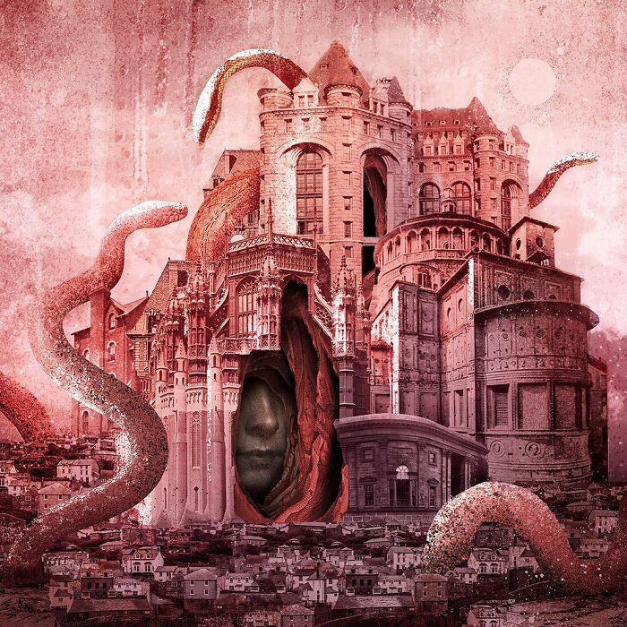 Intricate surreal collage of a giant castle with tentacles and a hidden face, blending architecture and fantasy elements.