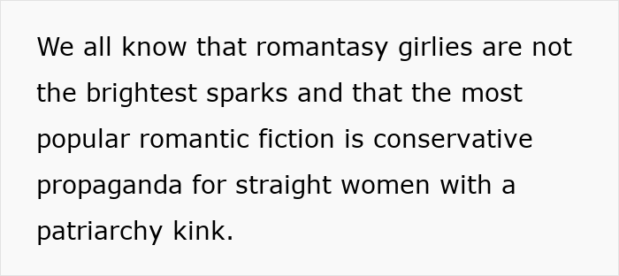 Text excerpt criticizing romantasy readers, highlighting controversial views on women who read romantasy books.